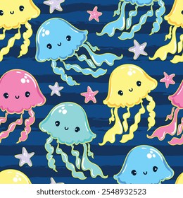 Seamless Colorfull Jellyfish Pattern Kids Print Design Hand Drawn Vector