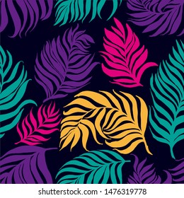 Seamless colorfull pattern with palm dypsis leaves on dark blue background. Seamless summer colorfull palm dypsis leaves tropical fabric design. Dypsis lutescens seamless pattern.