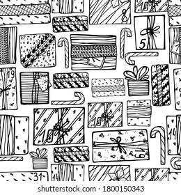 Seamless coloring with New Year, Christmas prints, gifts, boxes, ribbons, surprises, gift bags. Festive mood, Christmas. For textiles, packaging, coloring for children and adults. Isolated background,