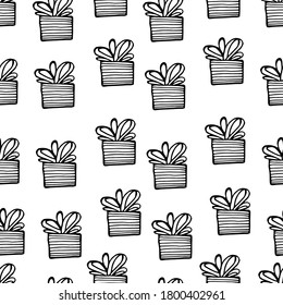 Seamless coloring with New Year, Christmas prints, gifts, boxes, ribbons, surprises, gift bags. Festive mood, Christmas. For textiles, packaging, coloring for children and adults. Isolated background,