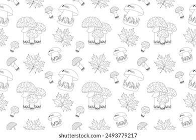 A seamless coloring page featuring whimsical mushrooms and autumn leaves. Perfect for relaxation and creative projects.