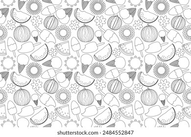 A seamless coloring page pattern featuring summer treats, suns, and flowers. Perfect for kids and adults to enjoy and relax with creative fun.