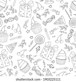 Seamless coloring pages for birthday gift wrapping! Gift, sweets, sweets, flags, cupcake, cupcake, cap, candle. Doodle drawings about the holiday on a white background