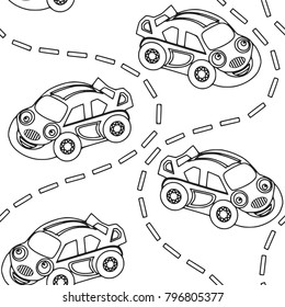 Seamless coloring pattern. Black and white background with funny baby car. Vector illustration.