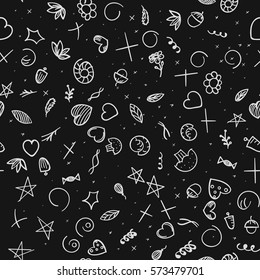 Seamless colorless pattern, drawn from various elements, black and white background