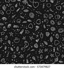 Seamless colorless pattern, drawn from various elements, black and white background