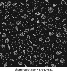 Seamless colorless pattern, drawn from various elements, black and white background