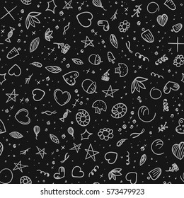 Seamless colorless pattern, drawn from various elements, black and white background