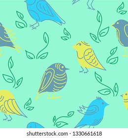 Seamless colors background with funny little birds. Vector illustration