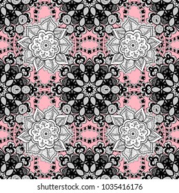 Seamless colors textured curls. Vector colors pattern. Pattern on black, white and gray colors with with white doodles. Oriental style arabesques.