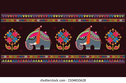 Seamless and colour full elephant with flowe border, indian kutch embroidery