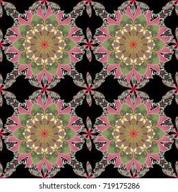 Seamless Colour Spring Theme seamless pattern Background. Flat Flower Elements Design. Cute flower vector pattern. Flowers on black, green and pink colors.