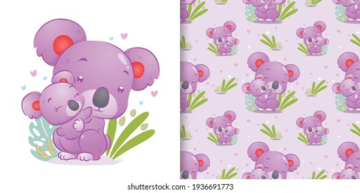 The seamless of the coloured koala carry her baby and sitting on the grass of illustration