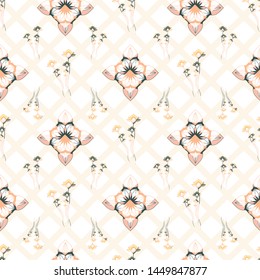 SEAMLESS COLOURED ORNATE PATTERN WITH LOTUS FLORAL ELEMENTS, DIAMOND MANDALA AND CRISS-CROSS LATTICE . VECTOR TEMPLATE FOR FABRIC, WALLPAPER, TILE, WRAPPING, COVERS AND CARPETS.