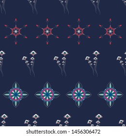 SEAMLESS COLOURED ORNATE PATTERN WITH LOTUS FLORAL AND MANDALA ELEMENTS. VECTOR TEMPLATE FOR FABRIC, WALLPAPER, TILE, WRAPPING, COVERS AND CARPETS.