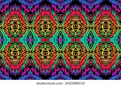 Seamless colourful batik ethnic dayak borneo line art pattern for aesthetic background or garment textile