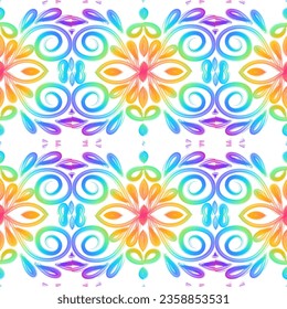 Seamless colourful brush line art flowers pattern of indonesian culture traditional tenun batik ethnic dayak for textile or fashion 