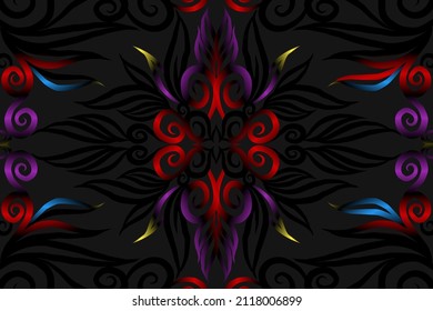 seamless colourful caleidoscope gradient flower art pattern of indonesian traditional tenun batik ethnic dayak ornament for wallpaper ads background sticker or clothing