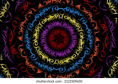 seamless colourful caleidoscope gradient flower art pattern of indonesian traditional tenun batik ethnic dayak ornament for wallpaper ads background sticker or clothing