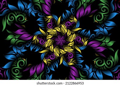 seamless colourful caleidoscope gradient flower art pattern of indonesian traditional tenun batik ethnic dayak ornament for wallpaper ads background sticker or clothing