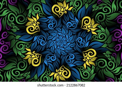 seamless colourful caleidoscope gradient flower art pattern of indonesian traditional tenun batik ethnic dayak ornament for wallpaper ads background sticker or clothing