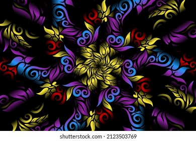 seamless colourful caleidoscope gradient flower art pattern of indonesian traditional tenun batik ethnic dayak ornament for wallpaper ads background sticker or clothing