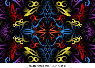 nahtlose farbige Kaleidoskop-Farbverlauf-Blumenmuster indonesischer traditioneller Tenun-Batik-Ethno-Dayak-Ornament für Wallpaper-Werbetafeln