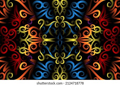 seamless colourful caleidoscope gradient flower art pattern of indonesian traditional tenun batik ethnic dayak ornament for wallpaper ads background sticker or clothing