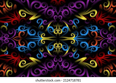 seamless colourful caleidoscope gradient flower art pattern of indonesian traditional tenun batik ethnic dayak ornament for wallpaper ads background sticker or clothing