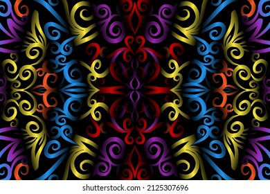 seamless colourful caleidoscope gradient flower art pattern of indonesian traditional tenun batik ethnic dayak ornament for wallpaper ads background sticker or clothing