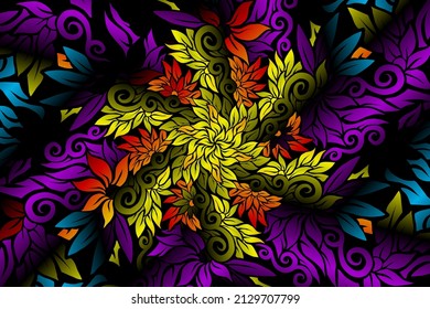 seamless colourful caleidoscope gradient flower and leaf art pattern of indonesian culture traditional tenun batik ethnic dayak ornament for wallpaper ads background 