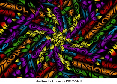 seamless colourful caleidoscope gradient flower and leaf art pattern of indonesian culture traditional tenun batik ethnic dayak