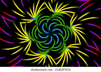 flor de gradiente caleidoscopo colorido sin fisuras y patrón de arte de hoja de la cultura indonesia tradicional tenun batik étnico dayak adorno con fondo negro 