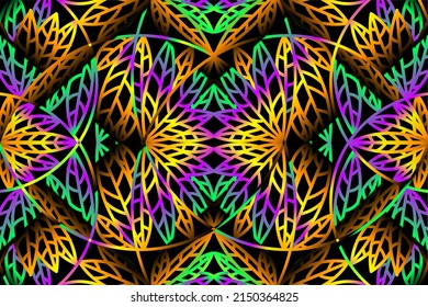 seamless colourful caleidoscope gradient flower and leaf line art pattern of indonesian culture traditional tenun batik ethnic dayak ornament for wallpaper ads background 