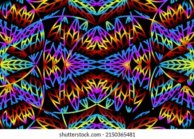seamless colourful caleidoscope gradient flower and leaf line art pattern of indonesian culture traditional tenun batik ethnic dayak ornament for wallpaper ads background 