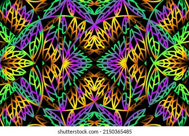 seamless colourful caleidoscope gradient flower and leaf line art pattern of indonesian culture traditional tenun batik ethnic dayak ornament for wallpaper ads background 