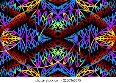 seamless colourful caleidoscope gradient flower and leaf line art pattern of indonesian culture traditional tenun batik ethnic dayak ornament for wallpaper ads background 