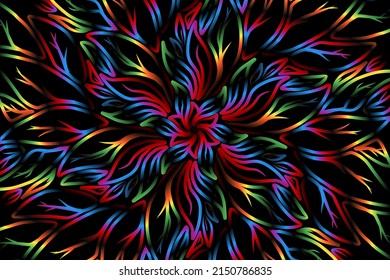 seamless colourful caleidoscope gradient flower and leaf line art pattern of indonesian culture traditional tenun batik ethnic dayak ornament for wallpaper ads background 