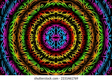 flor de gradiente caleidoscopo de color sin fisuras y patrón de arte de línea de hoja de la cultura indonesia adorno tradicional tenun batik étnico dayak adorno para anuncios de papel pintado fondo 