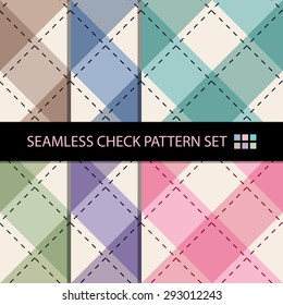 Seamless colourful check and cross dot line pattern background set. A set of seamless background image pattern of colourful check and cross dot line.