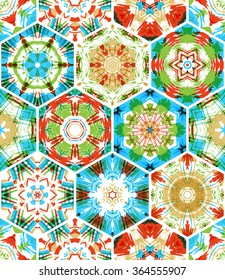 Seamless colourful ethnic textile pattern. Vector embroidery hexagons background. Boundless background can be used for web page backgrounds, wallpapers and invitations.