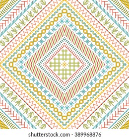 Seamless colourful ethnic texture.Vector high detailed stitches. Tribal art print. Embroidery pattern. Can be used for web page backgrounds, wallpapers, wrapping papers and invitations.
