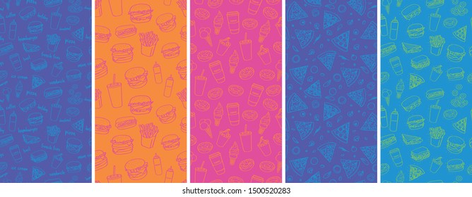 seamless colourful fast food pattern set