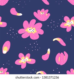 Seamless colourful floral pattern. Pink flowers on deep blue background. Hand drawn vector illustration.