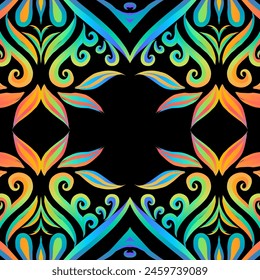 Seamless colourful flowers line art batik ethnic dayak pattern 