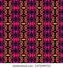 Seamless colourful gradient flowers line batik ethnic dayak line art 