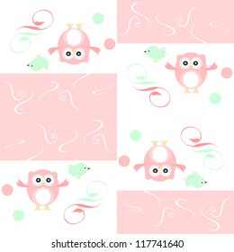 Seamless colourful owl and birds pattern for kids in vector