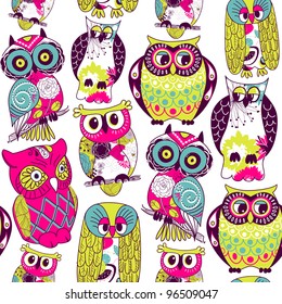 Seamless and colourful owl pattern.