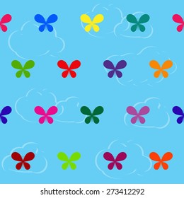 Seamless colourful pattern with butterflies on cloud background