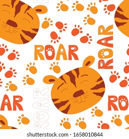 Seamless colourful pattern with cartoon head of animals tigers and lettering ROAR, hand drawn vector illustration in doodle, kawaii isolated on white background 